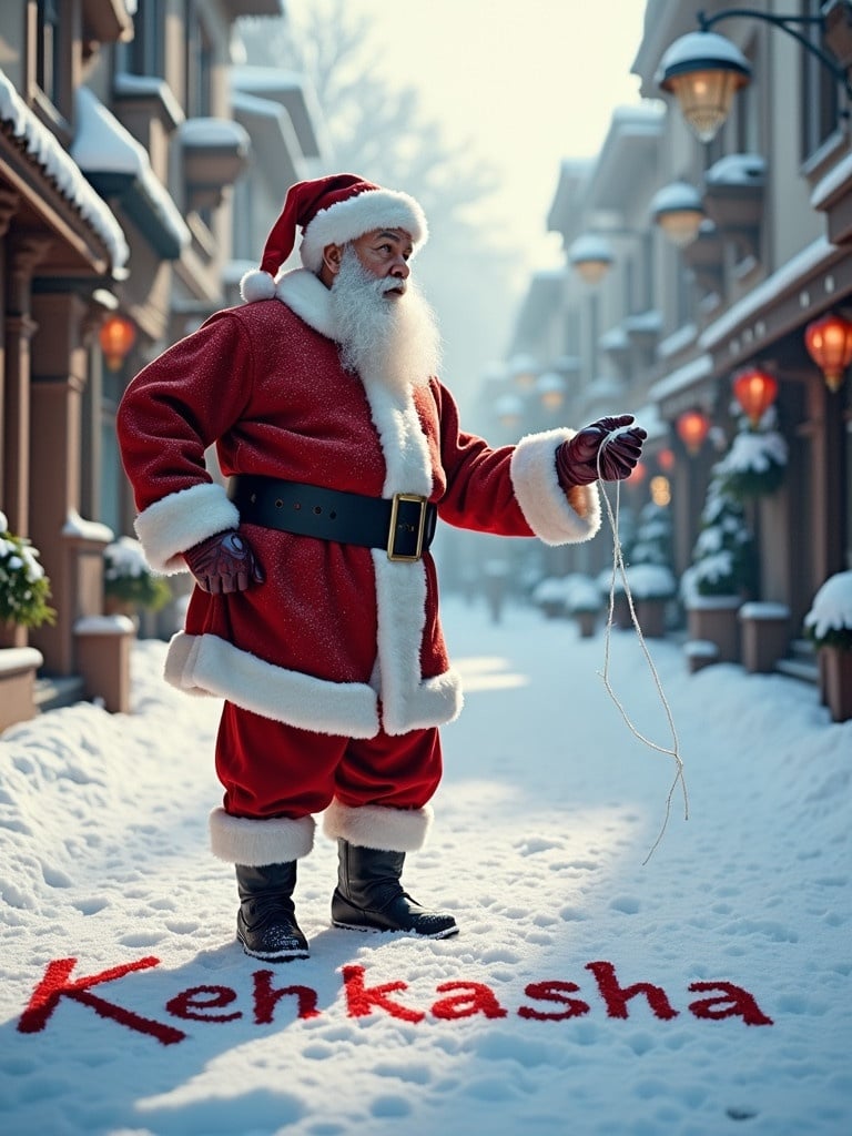 Santa Claus writes Kehkasha in snow. He is in red and white attire with a black belt. The street is snowy with charming buildings. Winter light is soft and inviting. Scene conveys a cheerful festive mood for the holiday season.