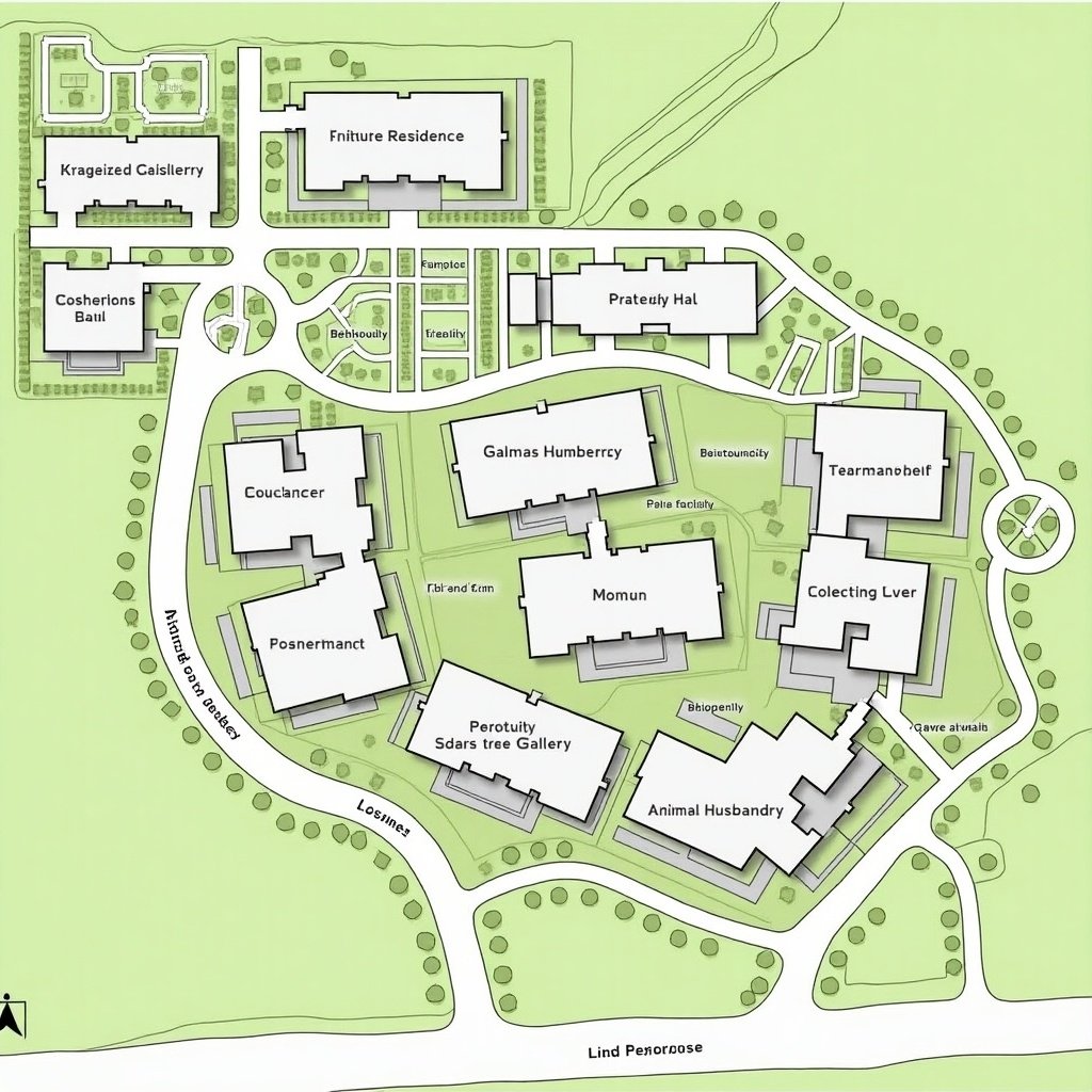 Layout plan of a complex with various labeled buildings including Private Residence, Gathering Hall, Education and Gallery, Animal Husbandry, and Administration. Features lawns, parking areas, paths, and terrain contours, showing organized structure and green space.