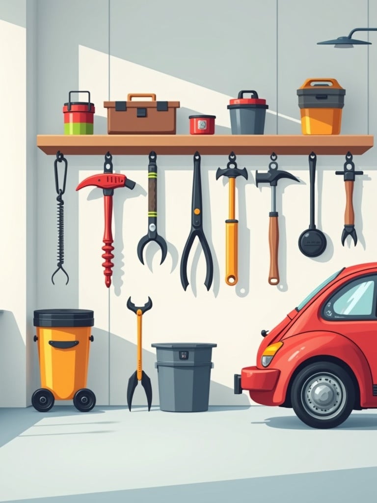 Minimalist garage scene with tools and equipment hanging on the wall. Tools are neatly arranged in a clean, flat vector style. Vivid colors and bold lines showcase order and functionality. A red car is parked in front, enhancing the garage ambiance.