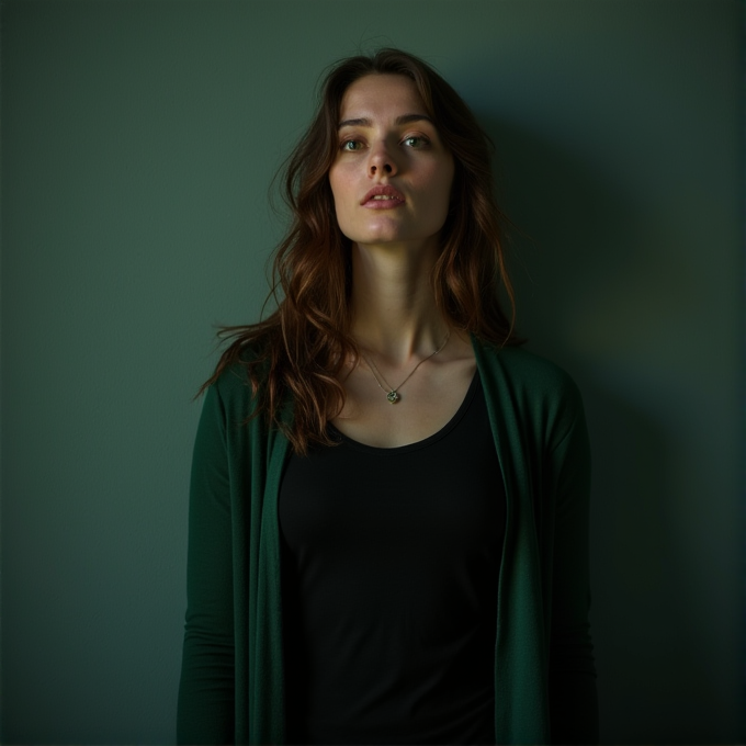 A person with long, wavy brown hair looks thoughtfully at the camera against a green background, wearing a dark shirt and a necklace.