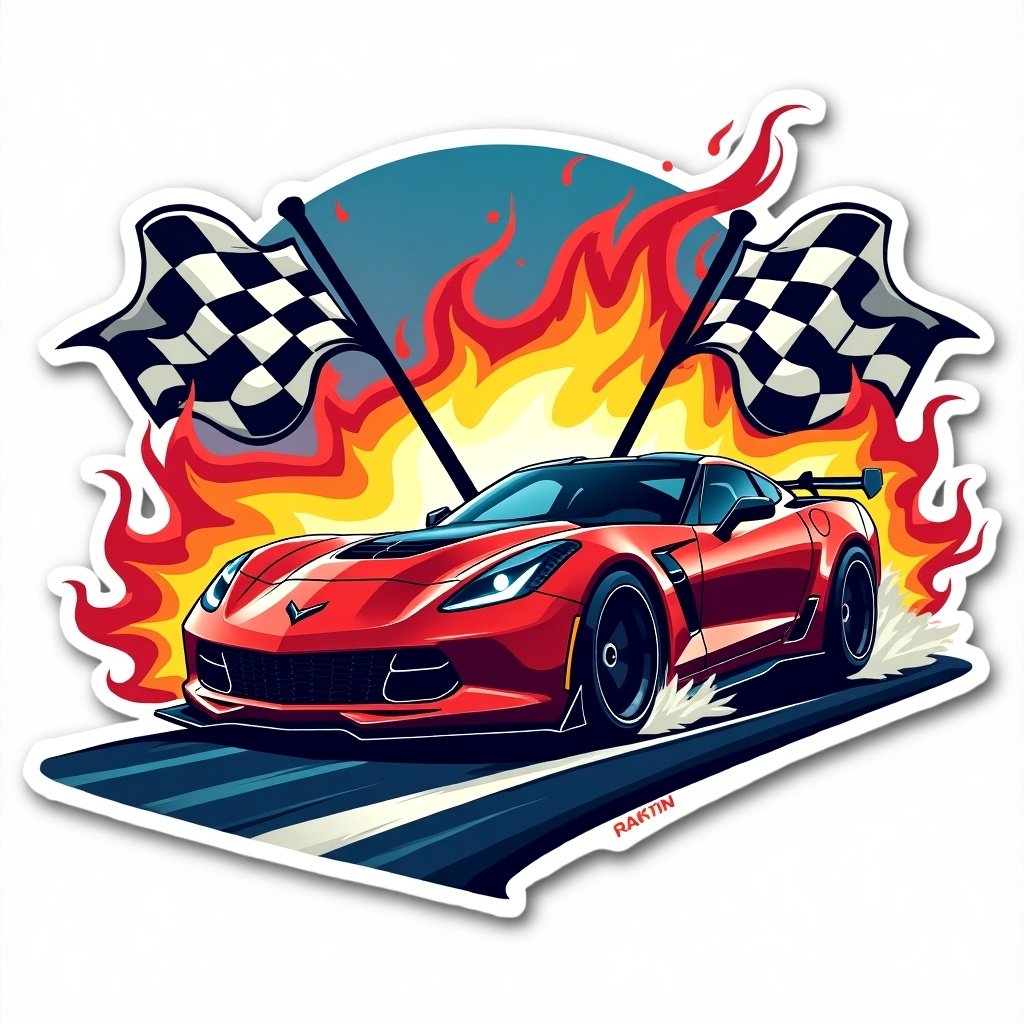 A vibrant and dynamic sticker design featuring a racing car with checkered flags amidst flames. Modern and bold colors enhance the energetic theme.