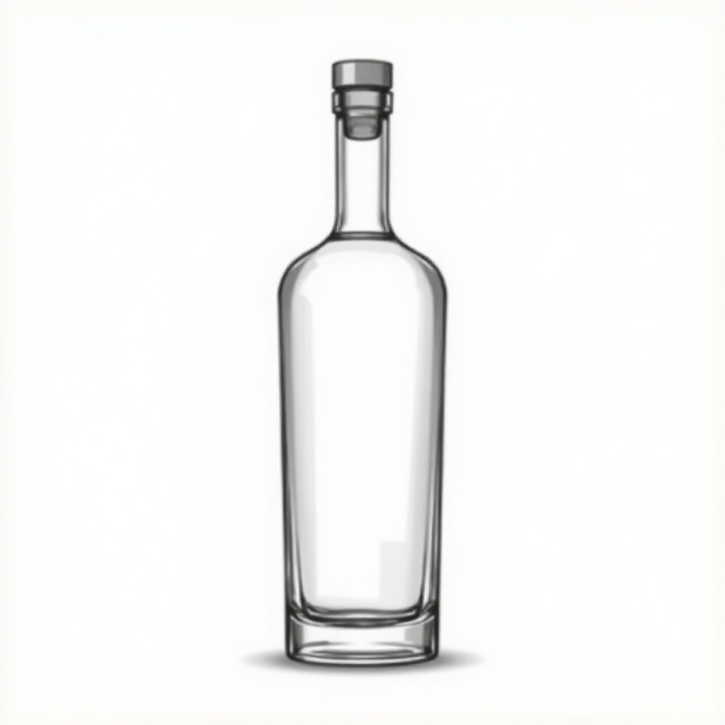 This is a line drawing style illustration of a modern 33cl vodka glass bottle. The bottle showcases a cylindrical and sleek design, standing upright. Its front perspective highlights the clean lines and minimalistic aesthetic. There is a designated label area included to indicate premium aspects, emphasizing a sophisticated look. Intricate embosses can be seen, enhancing its premium appeal and design integrity.