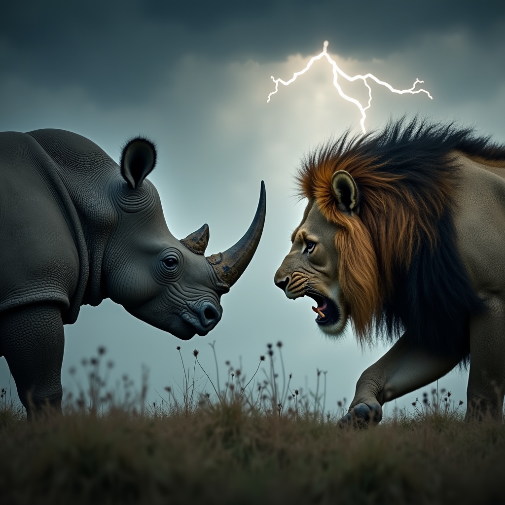 The image depicts a fierce confrontation between a lion and a rhino, set against a stormy backdrop. The lion has a majestic mane, growling with intensity. The rhino stands firm, displaying its massive size and distinctive horn. Dark clouds loom overhead, with flashes of lightning illuminating their faces. This creates a dramatic atmosphere, emphasizing the tension between these two powerful creatures. The scene captures the raw energy of nature and the spirit of these iconic animals.