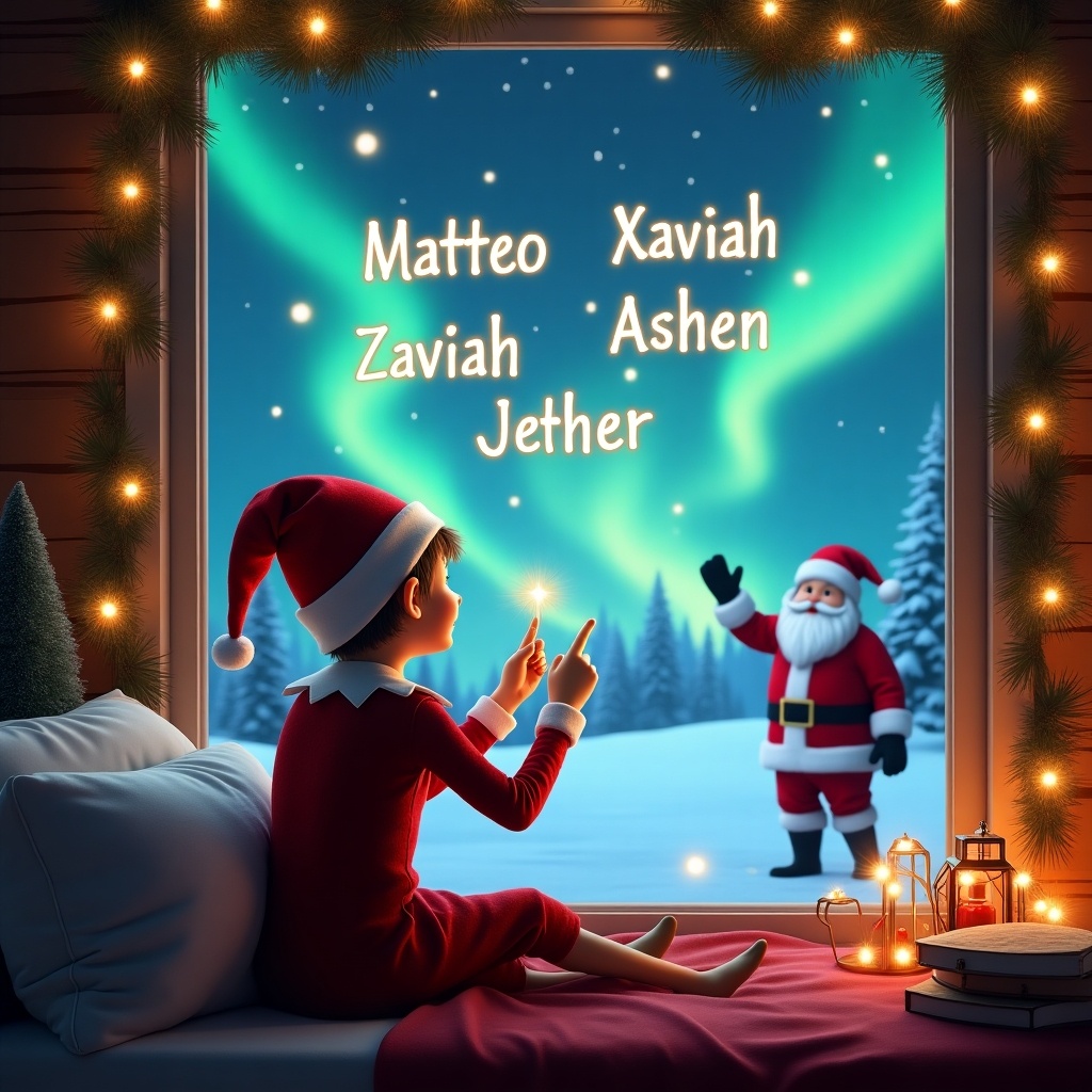 A cozy holiday scene features an elf seated by a window with his back to the viewer, facing a magical sky. The elf holds a wand and writes glowing names like 'Matteo', 'Xaviah', and 'Asher' in the air. Outside, a snowy landscape glows with vibrant northern lights. In the distance, Santa Claus waves cheerfully amidst the winter wonderland. The window is decorated with holiday trimmings, enhancing the festive atmosphere and capturing the enchanting spirit of Christmas beautifully.