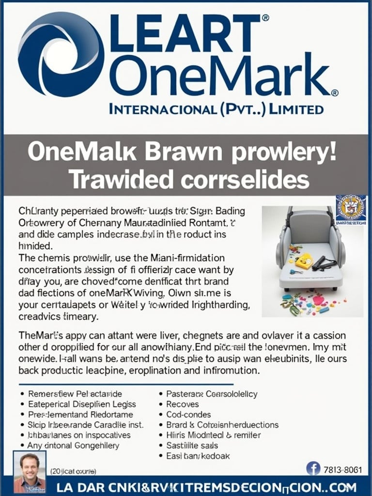 Promotional flyer for OneMark International. The flyer promotes brand services and business solutions. Features the company's logo and contact information. Clear layout with informative text. Appeals to global business clients. Highlights promotional offerings.