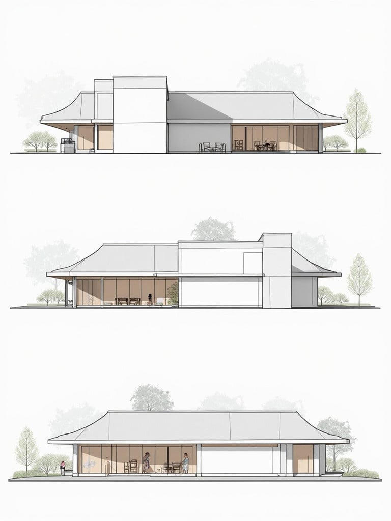 Illustration shows a store depicting four elevation views. Front view emphasizes exterior features. Back view reveals rear access details. Right elevation showcases side architecture. Left side highlights distinctive attributes. Includes open ground for events.