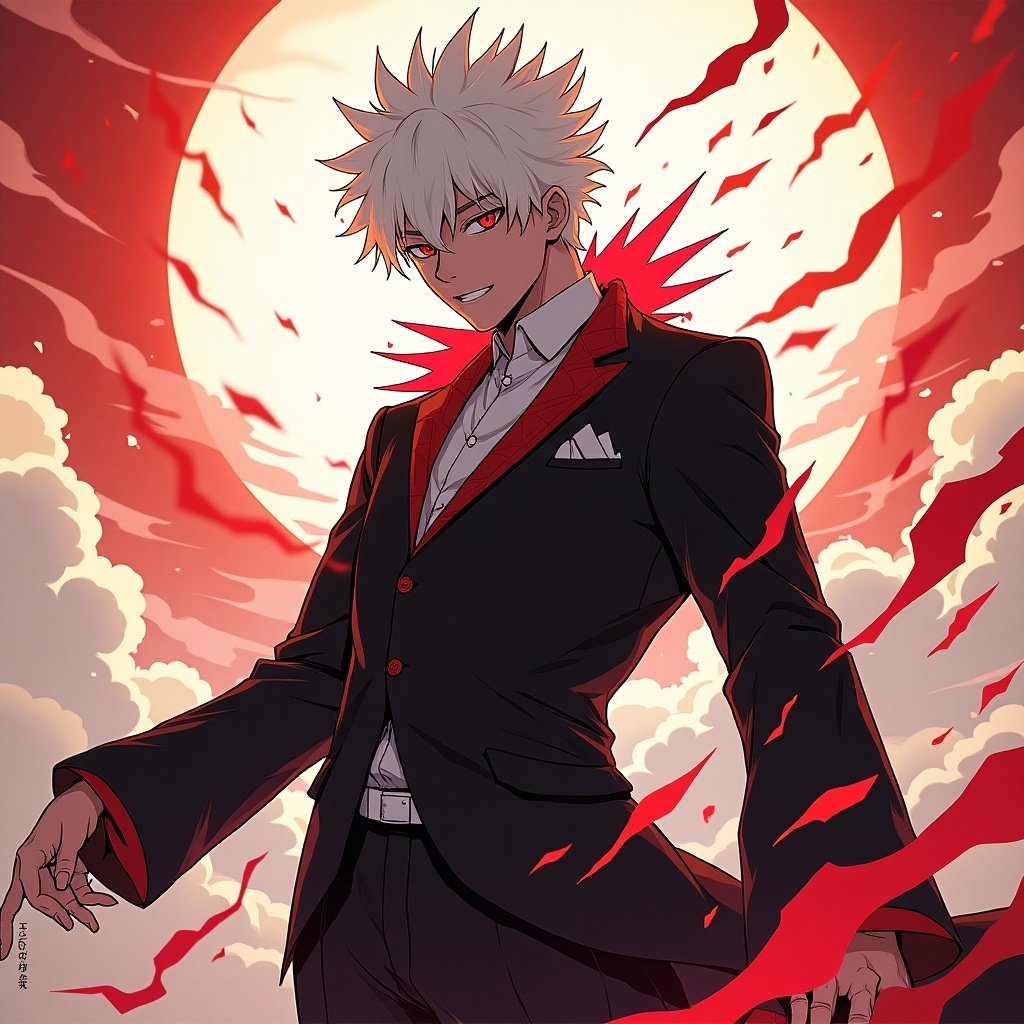 Anime character in a black suit. Background features a large red sun. Character has spiky hair and a confident pose. The overall aesthetic is dramatic and stylized.