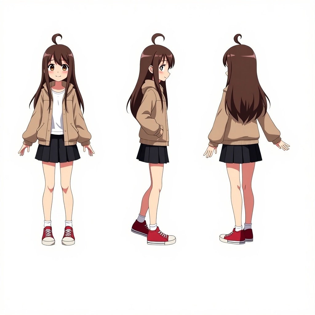 Anime-style character sheet showcasing a cheerful woman. Long brown hair. Comfortable jacket. Stylish black skirt. Red sneakers. Displayed in three views: front, side, back. Emphasizes friendly and approachable appearance. Suitable for anime, manga, video game projects.