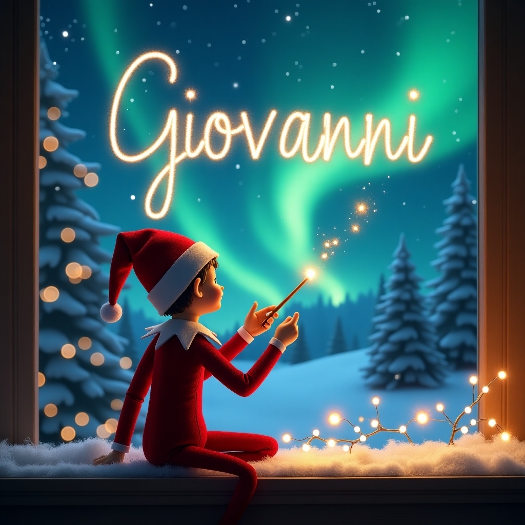 In a magical winter scene, an elf character sits on a snowy windowsill with his back to the viewer. He is using a wand to elegantly write the name 'Giovanni' in the sky, amidst a backdrop of dazzling northern lights. The atmosphere is festive and enchanting, perfect for the holiday season. The elf is wearing a classic red outfit with a white hat, captivated by the glowing letters he creates. Snow-covered trees and twinkling lights complete the cozy ambiance of Christmas.