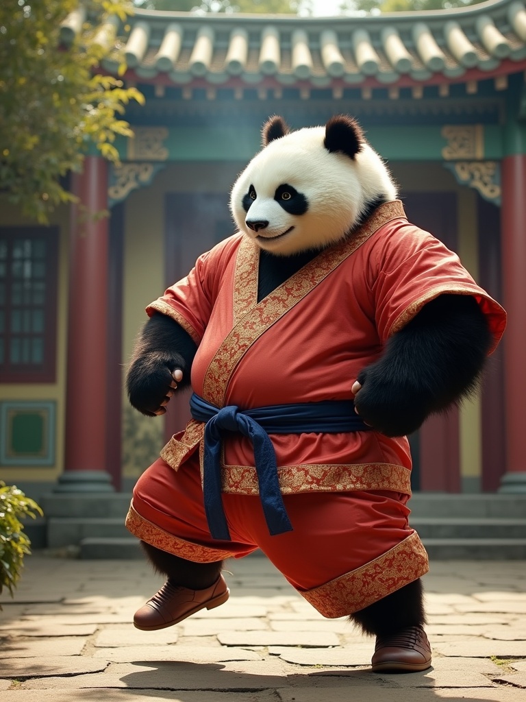 A Kung Fu Panda in vibrant crimson-and-gold attire performs a dynamic pose. The panda's belly is creamy white and juts over a navy blue belt. Muscles are visible under the silk uniform, suggesting intense training. The panda looks down with a bewildered expression. One leg is raised in a high-kick stance. An ancient Chinese temple serves as the background, with sunlight filtering through the windows. The scene evokes a humorous yet serious atmosphere.