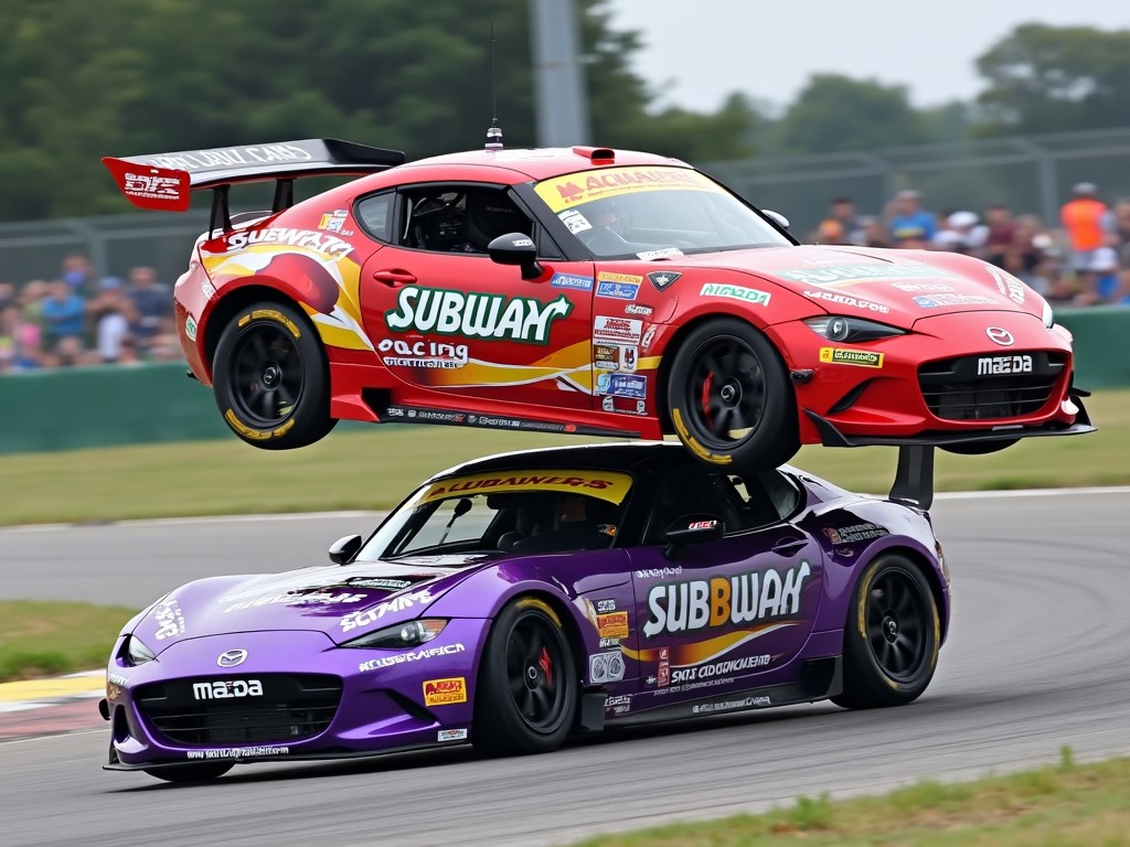 The image shows two colorful racing cars engaged in a thrilling moment on a race track. The purple car is firmly grounded, showcasing its sponsor logos like Mazda and BFG Goodrich tires. Meanwhile, the red car with Subway branding is airborne, suggesting an exhilarating jump over the purple car. Both vehicles proudly display the 'Skip Barber Racing' branding, indicating a competitive environment. This scene captures the excitement and intensity of racing, and the dynamics between the cars reflect the spirit of motorsport.