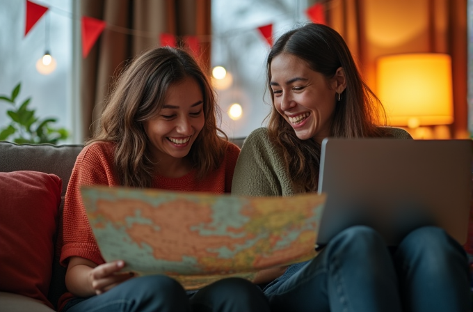 Two friends sit on a couch looking at a map and smiling.