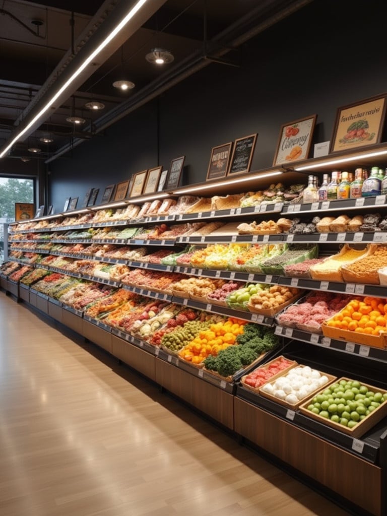 A modern grocery store interior showcases a vibrant array of fresh fruits and vegetables. Colorful produce fills the shelves, creating a visually appealing shopping environment.