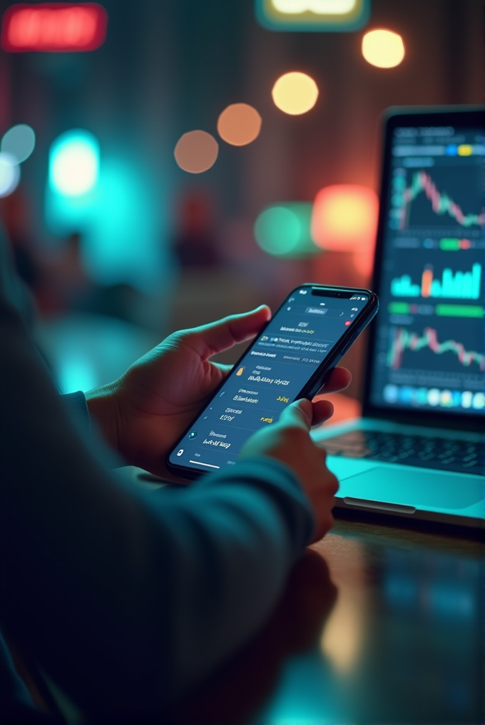 A person is using a smartphone with a trading app, next to a laptop displaying stock market charts, set against a vibrant backdrop with colorful bokeh lights.