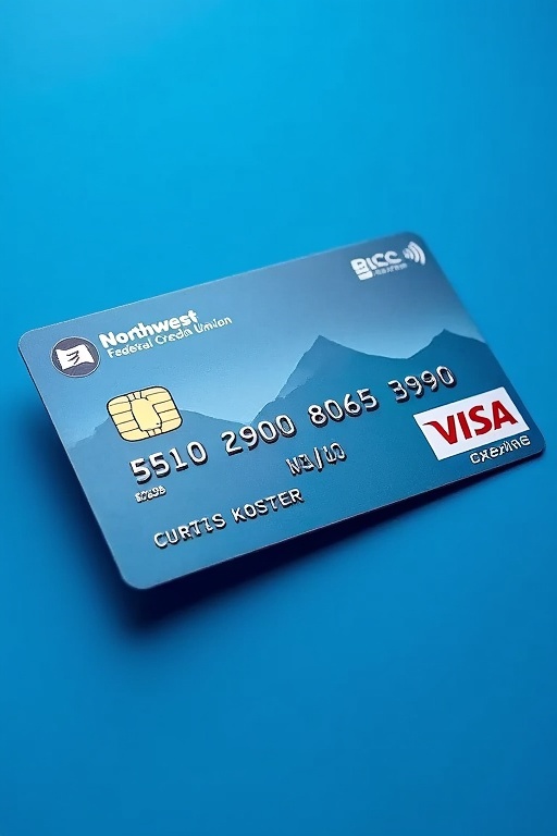 Realistic image of a credit card. Card shows Visa logo and Northwest Federal Credit Union. Card number is visible. Name displayed is Curtis Koster. Expiry date is shown. Blue background enhances appearance.