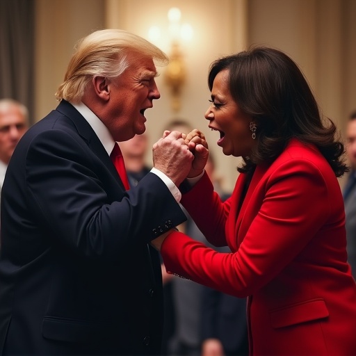 Donald Trump and Kamala Harris engaged in a fist fight. Highly dramatic and vivid imagery. Captures the intensity of their expressions and environment.