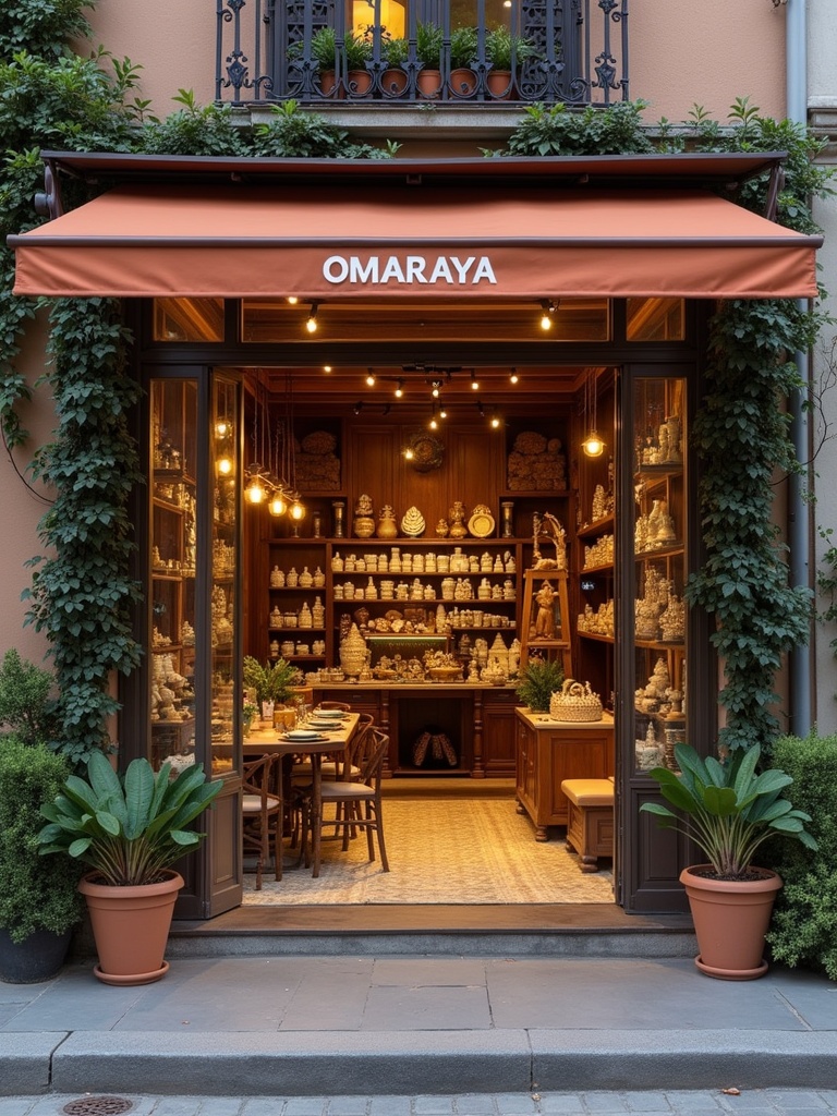 A cozy shop named Omaraya filled with artisan pottery and decor items. The entrance is warmly lit at night with plants on either side of the door. Inside, shelves display various hand-crafted items, creating an inviting atmosphere.