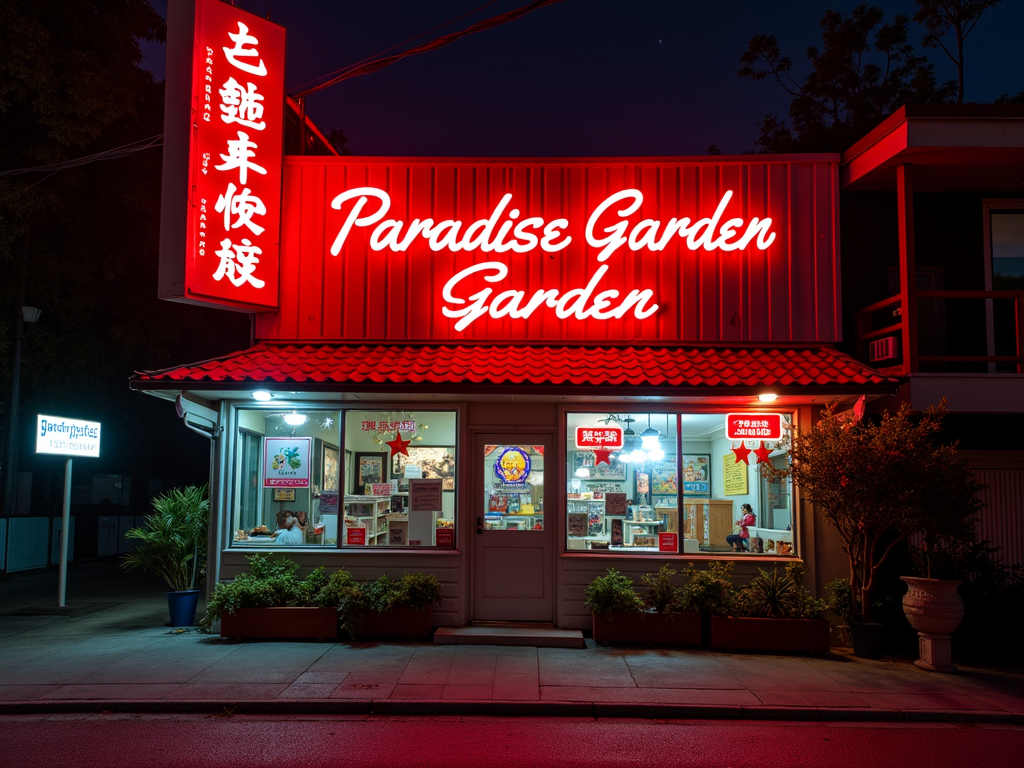 A vibrant neon-lit restaurant with a red sign reading 'Paradise Garden' and Asian script, illuminated at night, showcasing an inviting, colorful storefront.