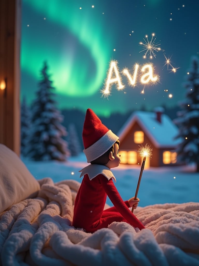 An elf on the shelf sits with its back to the viewer. The elf gazes skyward. A glowing wand emits sparkling light. The background shows a Christmas scene with colorful northern lights. A cozy house decorated for the holidays is visible. Snow covers the ground. The elf embodies the spirit of magic. The name 'Ava' is written in the air with the wand.