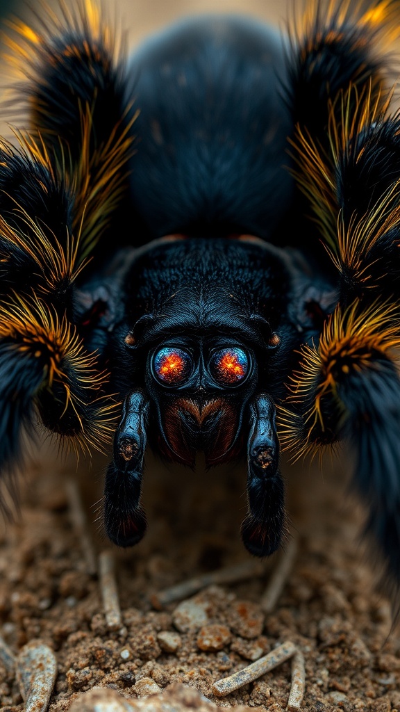 A close-up of a tarantula with vibrant orange and black patterns emphasizes its fiery eyes.