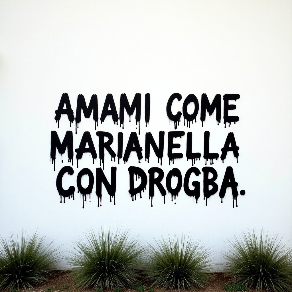 White wall with black graffiti message. Text reads AMAMI COME MARIANELLA CON DROGBA. Letters are bold with drips of paint. Grass grows at wall's base. Conveys message of social justice and human rights advocacy.