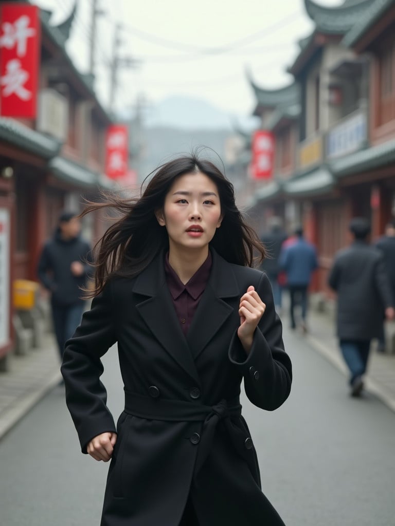 A woman wearing a black coat runs in a town with people in the background.