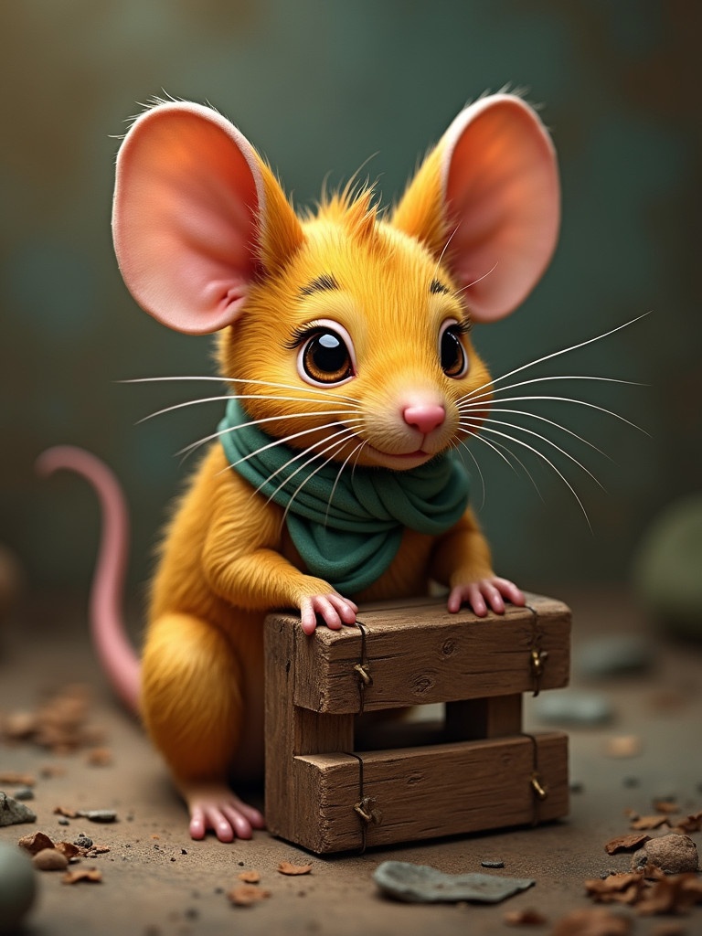 Cute cartoon mouse wearing a green scarf. Mouse has big expressive eyes. Mouse is sitting on a wooden crate. The background is softly blurred. Bright orange fur contrasts with soft colors.