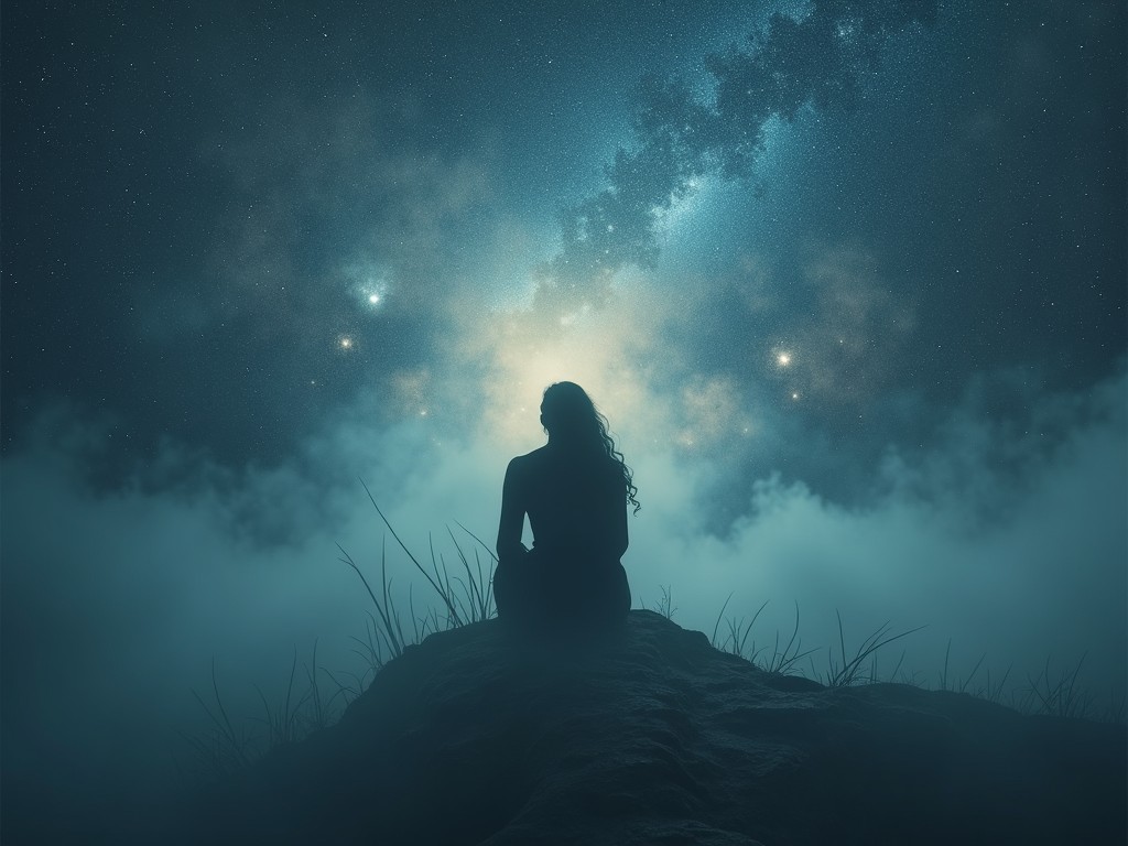 The image depicts a solitary figure, a woman with long hair, sitting calmly on a rock. The background is a breathtaking cosmic sky filled with faint stars and swirling nebulae. Ethereal fog envelops the edges, enhancing the dreamlike ambiance. Soft lighting radiates from the center, inviting a sense of peace and introspection. This serene scene evokes feelings of wonder and tranquility, encouraging viewers to reflect on their place in the universe.