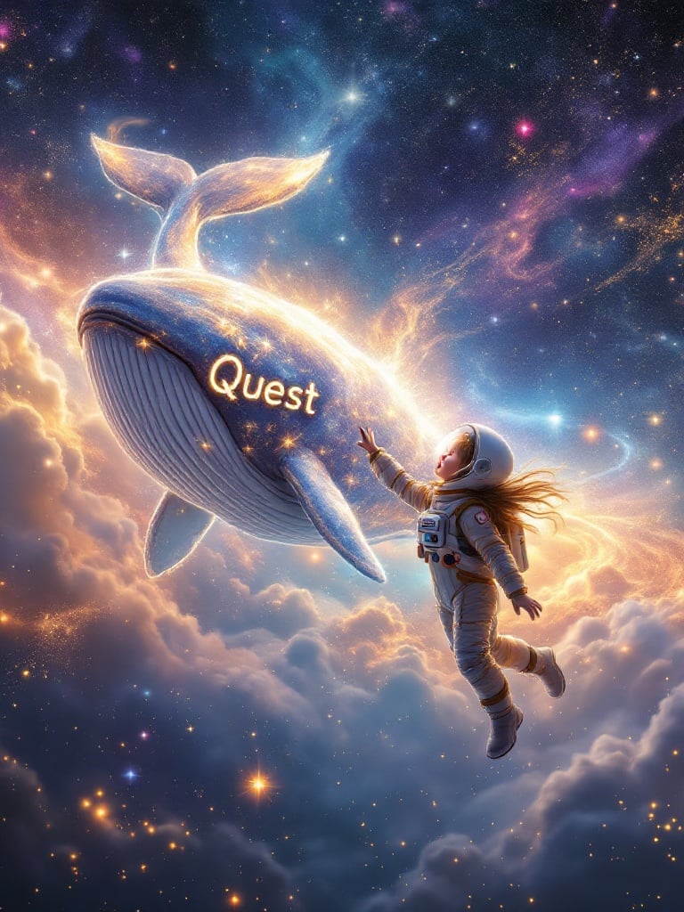 A joyful astronaut girl floats in space. She wears a colorful space suit. The suit has the word Quest embroidered in gold. She reaches towards a giant whale swimming in her direction. The whale's scales reflect starlight. The sky is filled with twinkling stars and colorful nebulae. A sense of wonder and companionship pervades the scene.