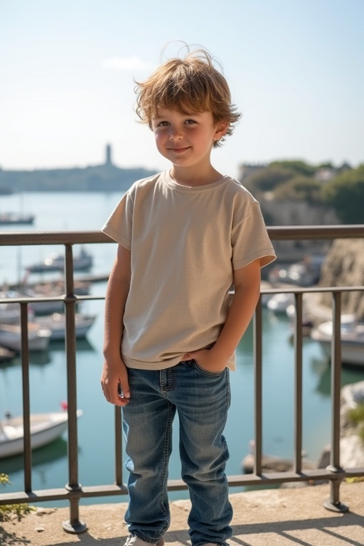 A young boy stands on a balcony. He wears a natural-colored T-shirt and blue jeans. The harbor in Normandy is in the background. The sun shines down on the scene. It is peaceful and quiet.