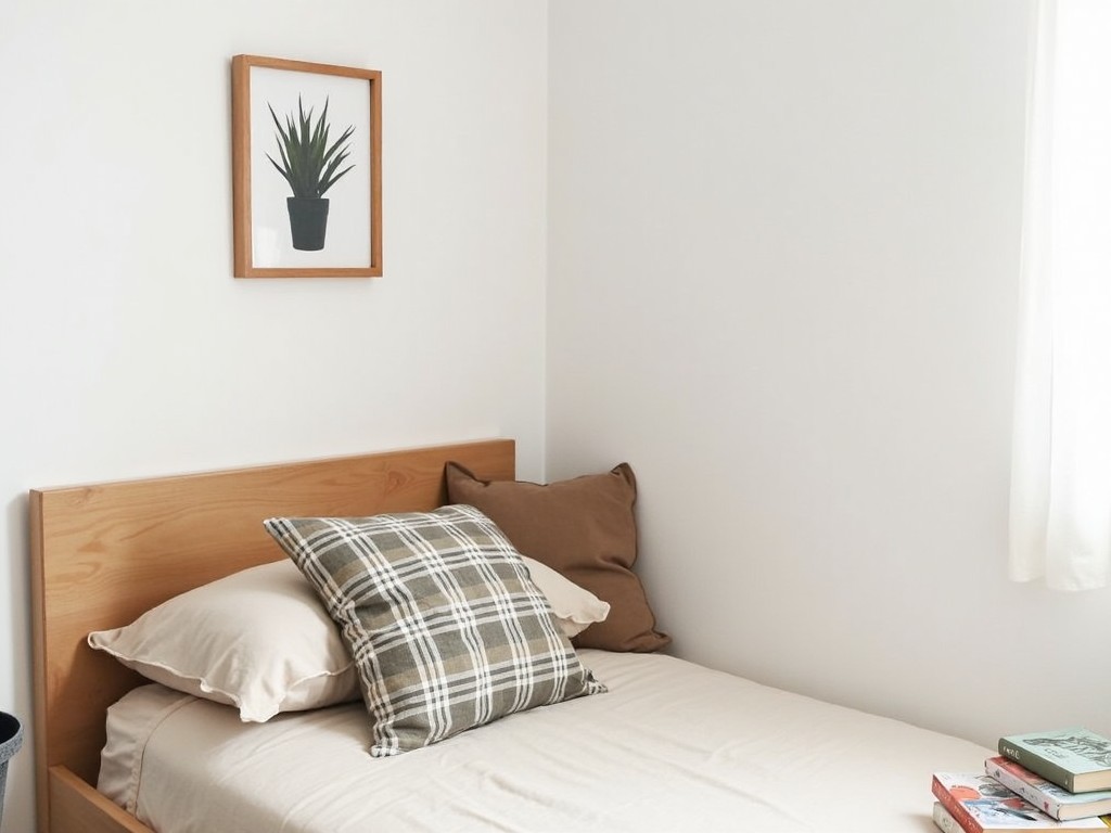 The image shows a cozy bedroom corner with a simple, minimalist design. There is a single bed with a wooden headboard. The bed is covered with a plain light-colored bedsheet and has a plaid pillow and a small brown cushion. Above the bed, a framed picture of a potted plant adds a touch of nature to the white walls. A stack of books lies next to the pillow, suggesting a comfortable reading space.