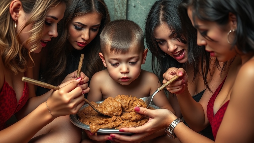 a group of women and a child eagerly looking at a bowl of food