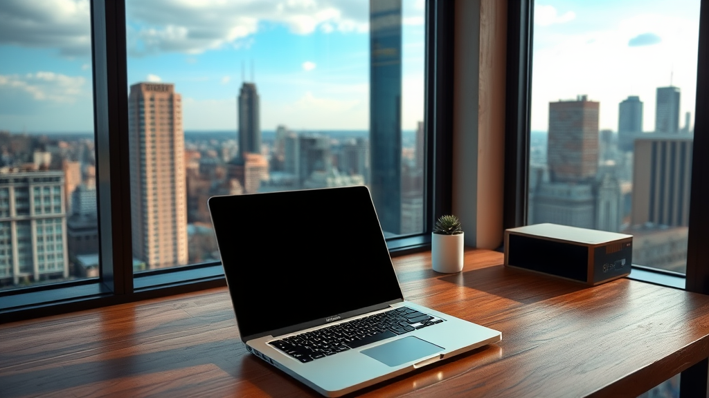 A laptop sits on a wooden desk by a large window with a city skyline in the background.