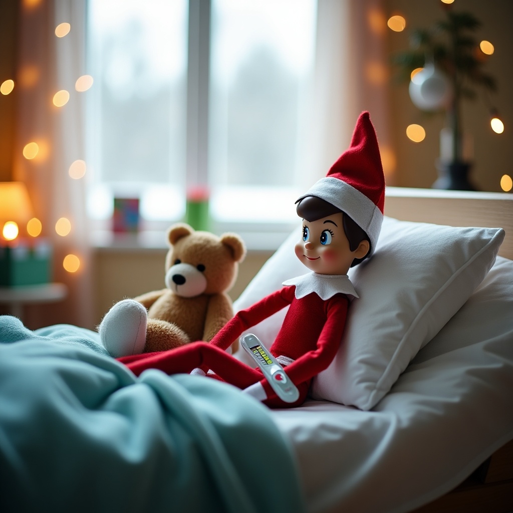 Elf on the Shelf doll resting in a hospital bed. Teddy bear sits beside. Soft warm natural light coming through window. Cozy atmosphere with festive elements. Cheerful colorful setting with holiday spirit.