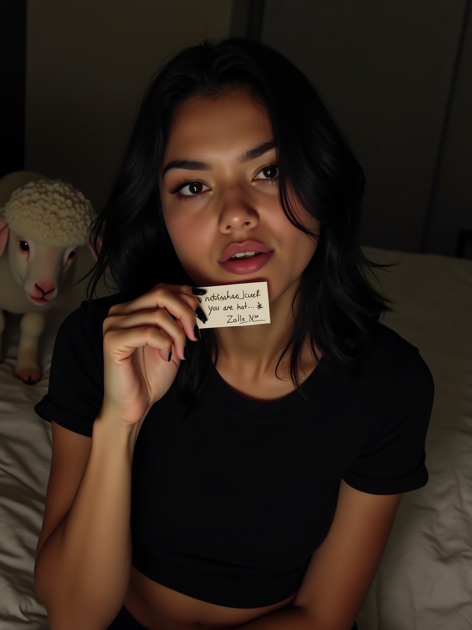 A young woman with black hair sits in a dim bedroom. She wears a black t-shirt and holds a note with writing. Her nails are polished black. She shows a playful, sexy biting lip expression. Her eyes reflect interest and naughtiness. The warm light creates a cozy atmosphere. The scene captures a mix of personal apology and allure.