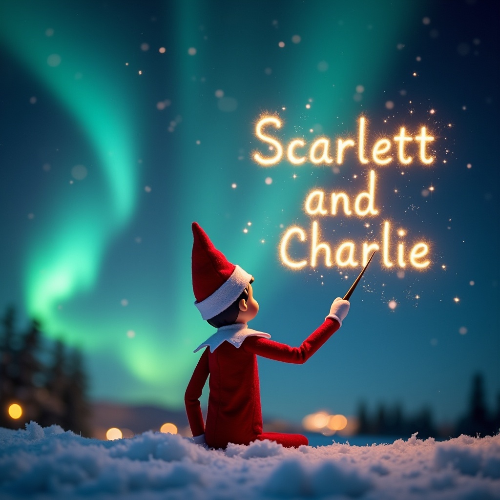 An elf is in a snowy landscape, facing a night sky filled with northern lights. The elf's red outfit stands out against the white snow. With a magic wand, the elf writes the names Scarlett and Charlie in shimmering sparkles. The scene is enchanting, evoking holiday cheer. This captures a magical moment during Christmas time, perfect for the festive season. The overall atmosphere is whimsical and joyful, showcasing the spirit of the holidays.