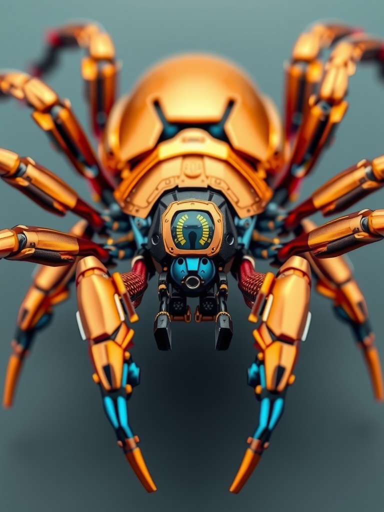 This image depicts a futuristic robotic spider featuring a metallic surface in vibrant orange and blue tones. The mechanical legs are intricately detailed, suggesting high functionality and advanced technology. The central body resembles high-tech machinery, conveying a sense of innovation and technological advancement.