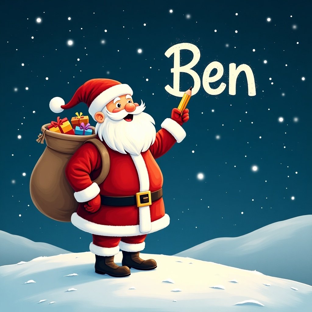 Santa Claus stands on a snowy hill. He writes names in the sky with a pencil. He wears red and white clothing. A large sack of gifts is on his back. The name Ben is in the sky.