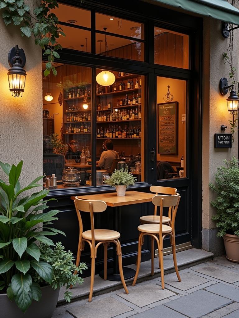 A nostalgic cafe setting in an old town. Wooden chairs are positioned outside. A well-lit interior displays shelves of drinks. Green plants line the windows producing an inviting atmosphere.