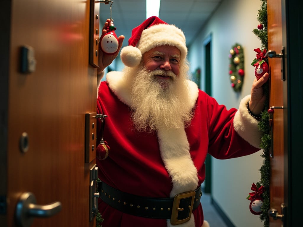 Santa Claus stands at an office door holding a decorative ornament. Holiday wreaths are visible nearby. The atmosphere feels festive and cheerful.