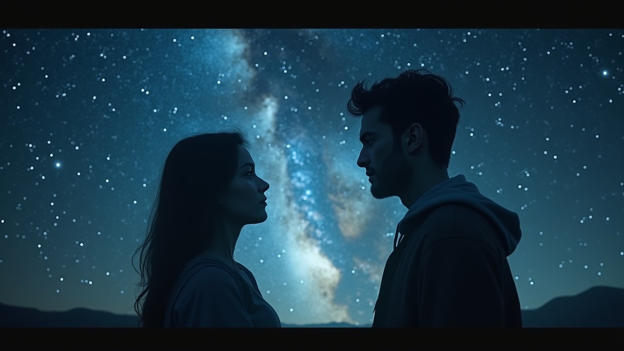 A romantic silhouette of a couple facing each other against a starry night sky with the Milky Way visible