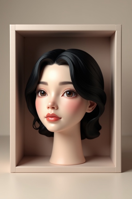 Realistic female head displayed in a box. Box designed in soft neutral tones. Head has black hair styled elegantly. Soft lighting enhances the features. Focus on head and box design. No neck included.