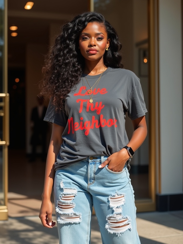 A confident woman stands in a modern storefront. She wears a vintage dark gray t-shirt with red lettering. Her wide-leg light wash jeans are distressed. The setting features soft lighting and a neutral-toned background. She accessorizes with sneakers, bracelets, and necklaces. Her hairstyle is long and curly, styled back. The mood is sophisticated and urban.