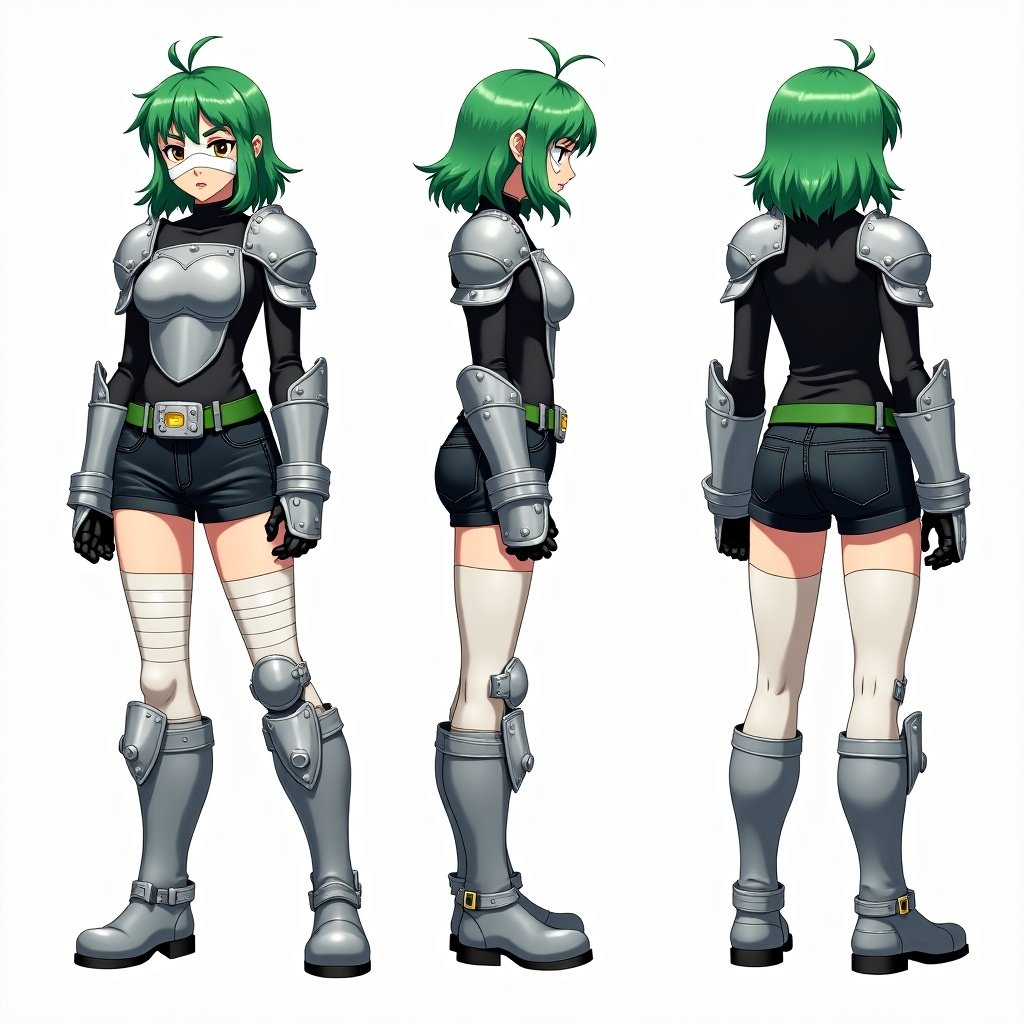 Anime mercenary tomboy with green hair. Bangs styled in curtains. Wearing metal silver shoulder pads and chestplate. Black shirt underneath. Black short jeans with green belt and large silver buckle. Metal gauntlets, shin, and knee pads. White tights covering legs. Displayed in front, side, and back views.