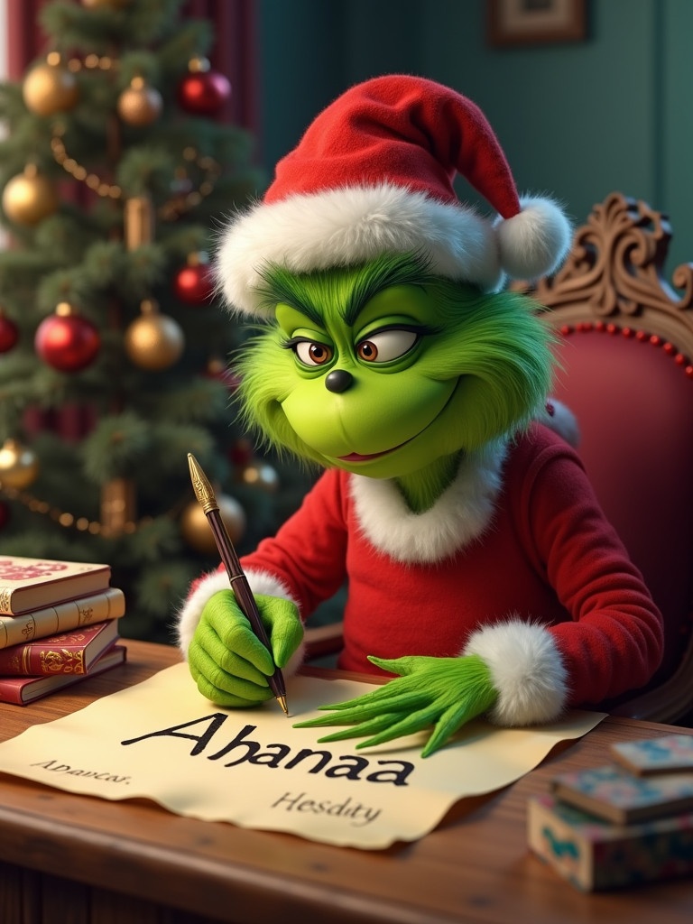 Grinch features bright green fur wearing Santa attire. Grinch writes name Ahanaa on parchment. Cozy chair and books are visible in the warm setting.