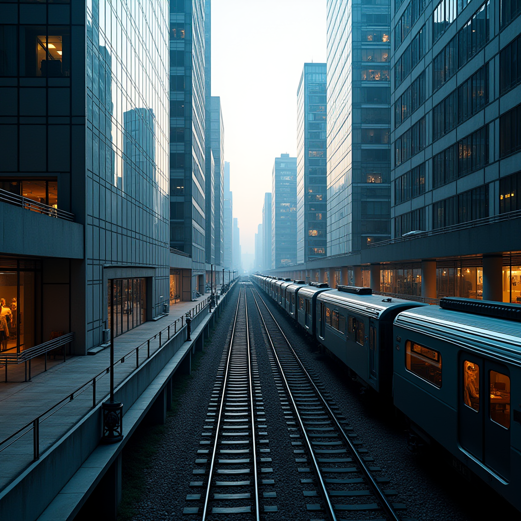 A modern cityscape with trains reflecting the early morning glow between skyscrapers.