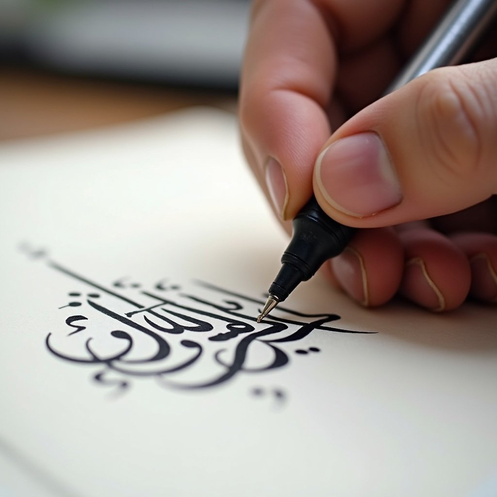 Close-up of a hand writing with a pen. Arabic calligraphy being created. Elegant script design. Writing technique in detail.