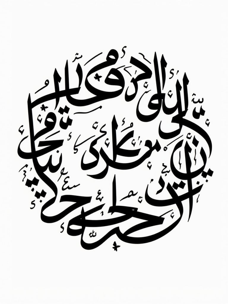 Arabic calligraphy featuring the names إمارة الشعب الإسلامية المتحدة written in a circular shape. Design is fully encompassing and showcases the elegance of the script.