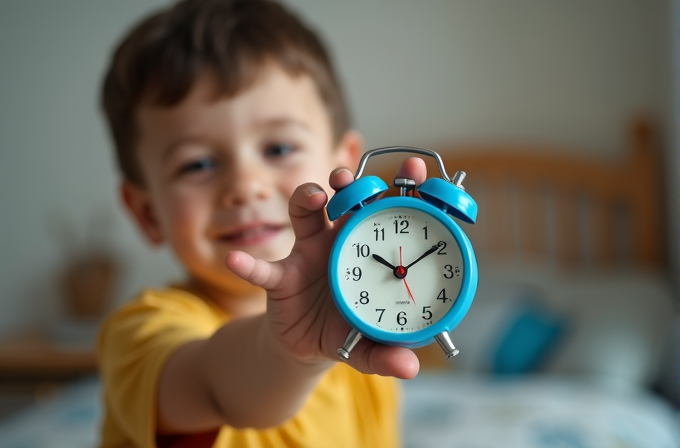 A young boy joyfully holds a small blue alarm clock close to the camera.