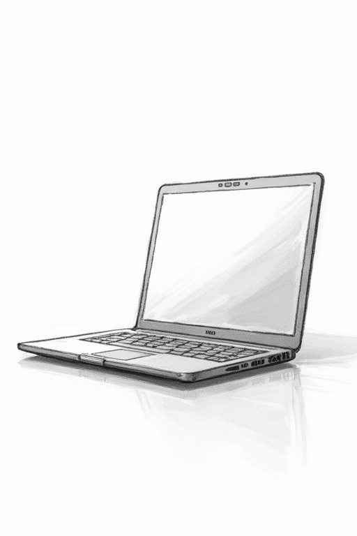 Sketch of a laptop close-up. Image in black and white. Thin pencil drawing on white paper. Focus on fine details. Evokes minimalism. Based on careful sketching techniques.